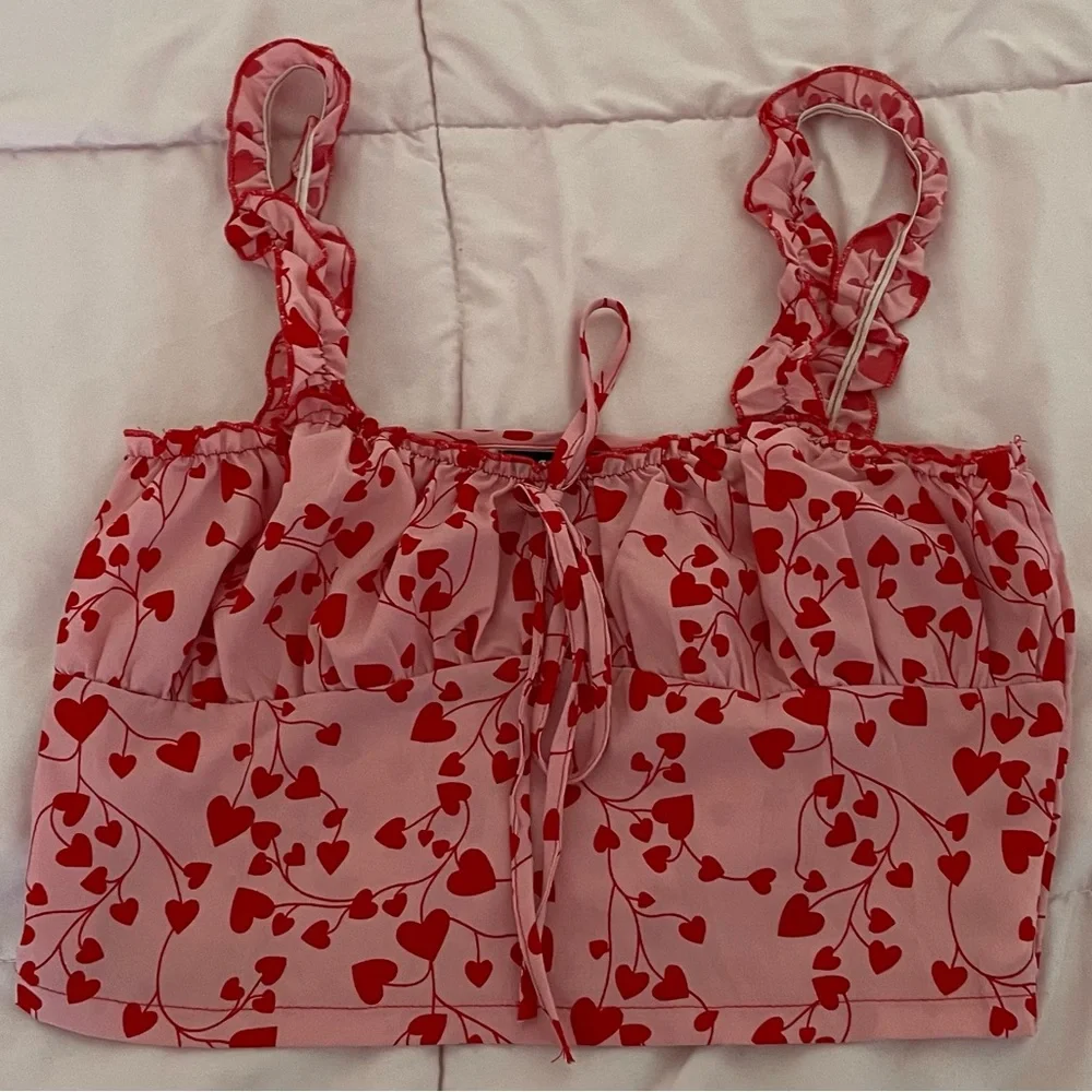 SHEIN pink red heart print all over crop top, size S Barbiecore festival summer - Picture 13 of 14